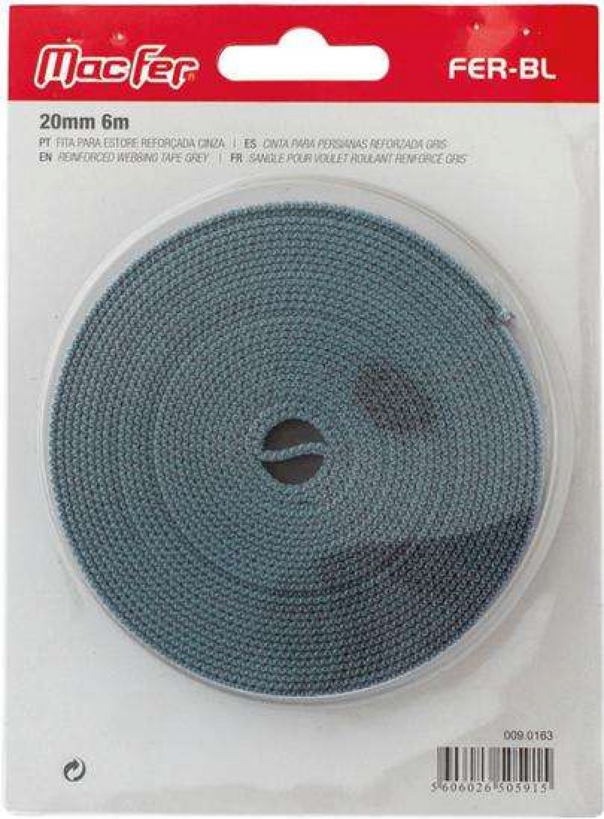 Fita p/ estore reforçada FER-BL 20mm 6m cinza refª 009.0163 MACFER