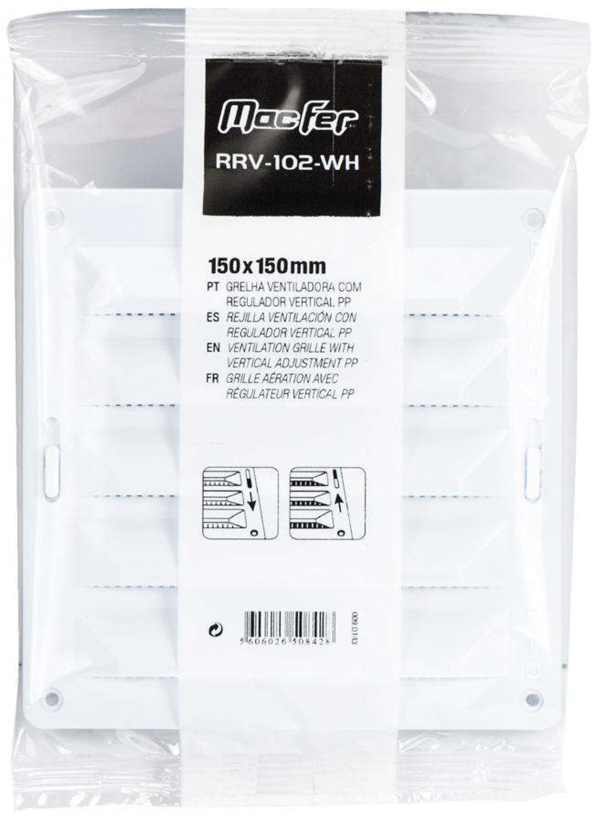 Grelha ventiladora com regulador vertical PP RRV-102-WH 150x150mm branca refª 009.0143 MACFER