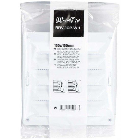 Grelha ventiladora com regulador vertical PP RRV-102-WH 150x150mm branca refª 009.0143 MACFER Grelha ventiladora com regulador vertical PP RRV-102-WH 150x150mm branca refª 009.0143 MACFER