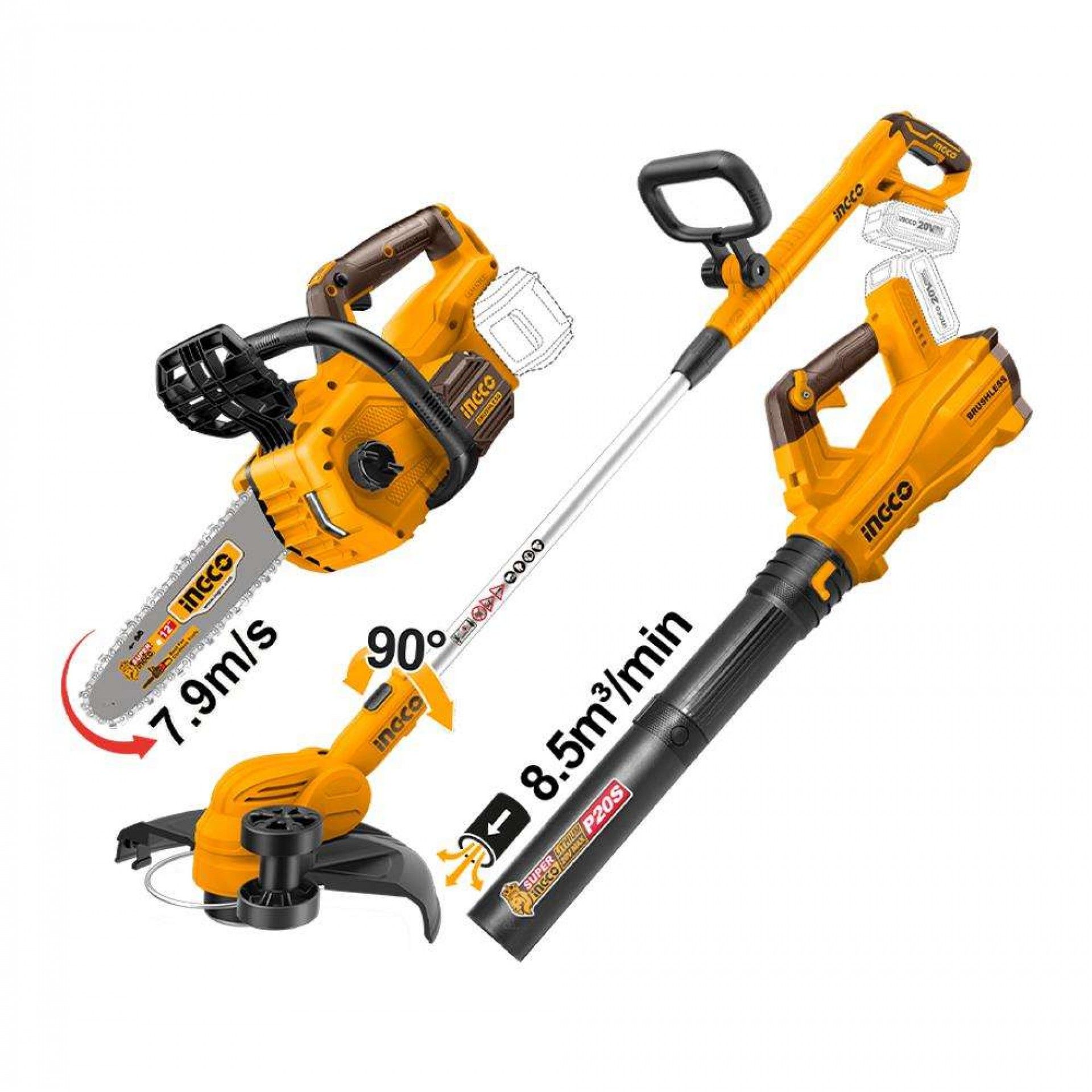 Kit 3 Em 1 Jardim 20V Brushless + 2 Bat 4A + Carregador refª COSLI241189E IngCo