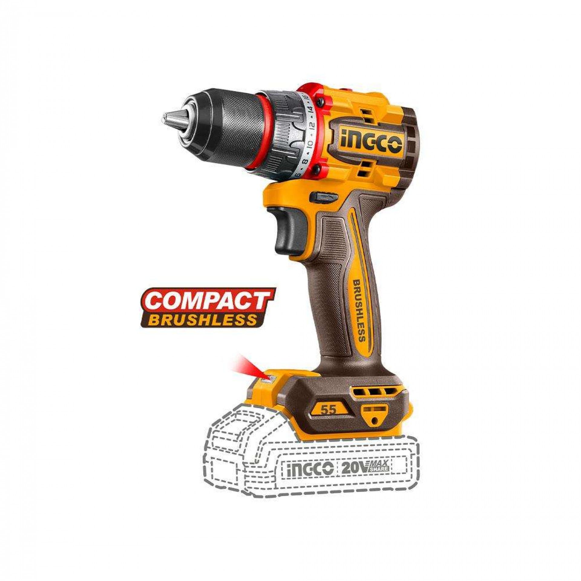 Aparafusadora 20V Brushless 55Nm + 1 Bat 2A + Ca + Mala refª CDLI205582E IngCo