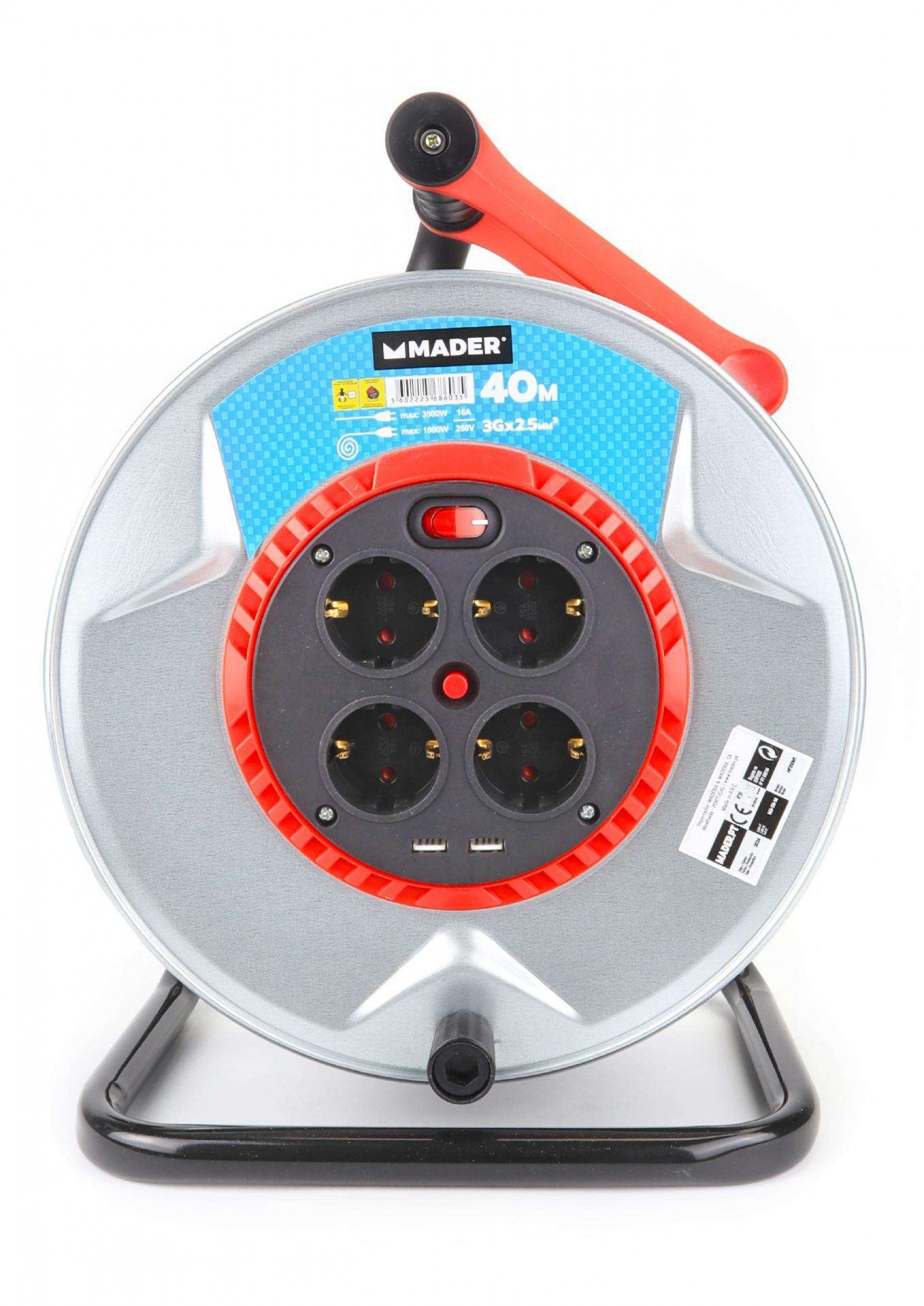 Extensão Elétrica, com Enrolador Metal, com Tampa, 40m, 3G2,5mm²- MADER®Home Tools refª 68603 MADER