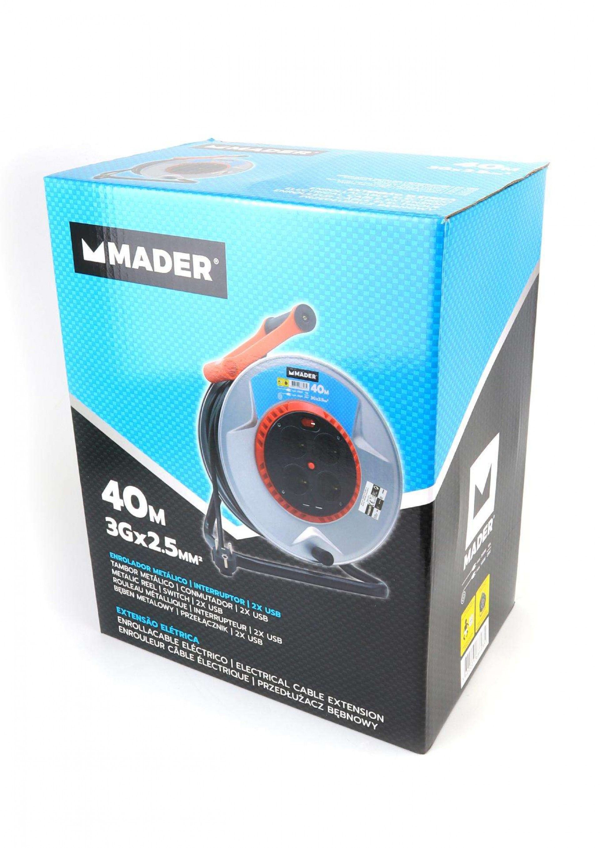 Extensão Elétrica, com Enrolador Metal, com Tampa, 40m, 3G2,5mm²- MADER®Home Tools refª 68603 MADER
