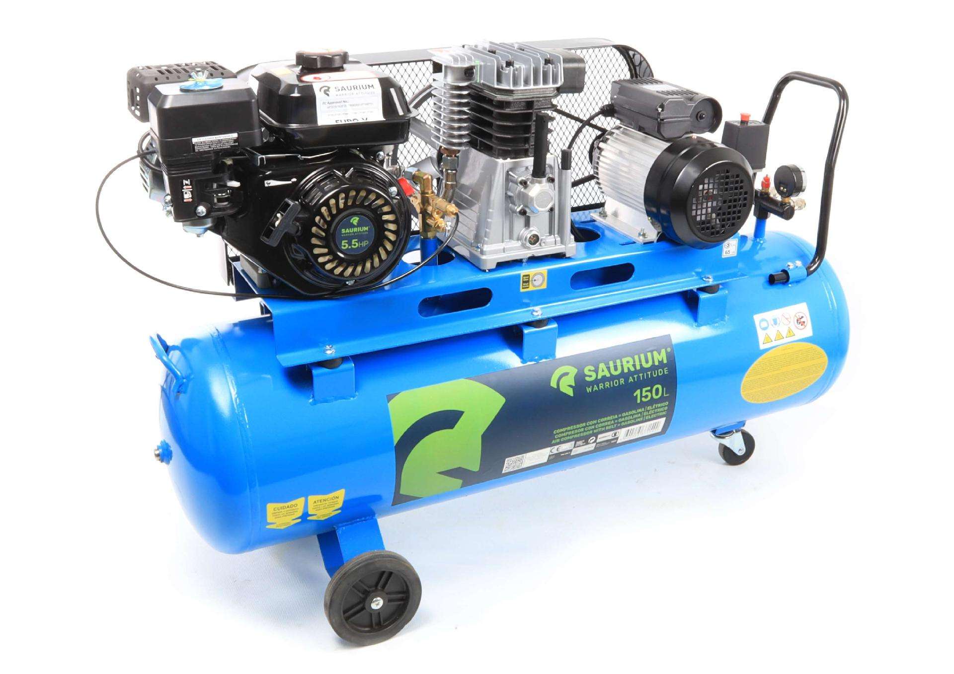 Compressor de Ar, Gasolina + Elétrico, 150L, 5.5HP refª 37154 SAURIUM