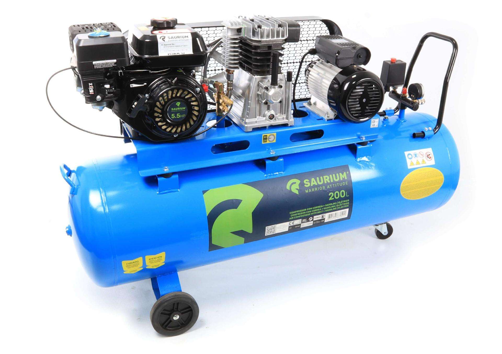 Compressor de Ar, Gasolina + Elétrico, 200L, 5.5HP refª 37151 SAURIUM