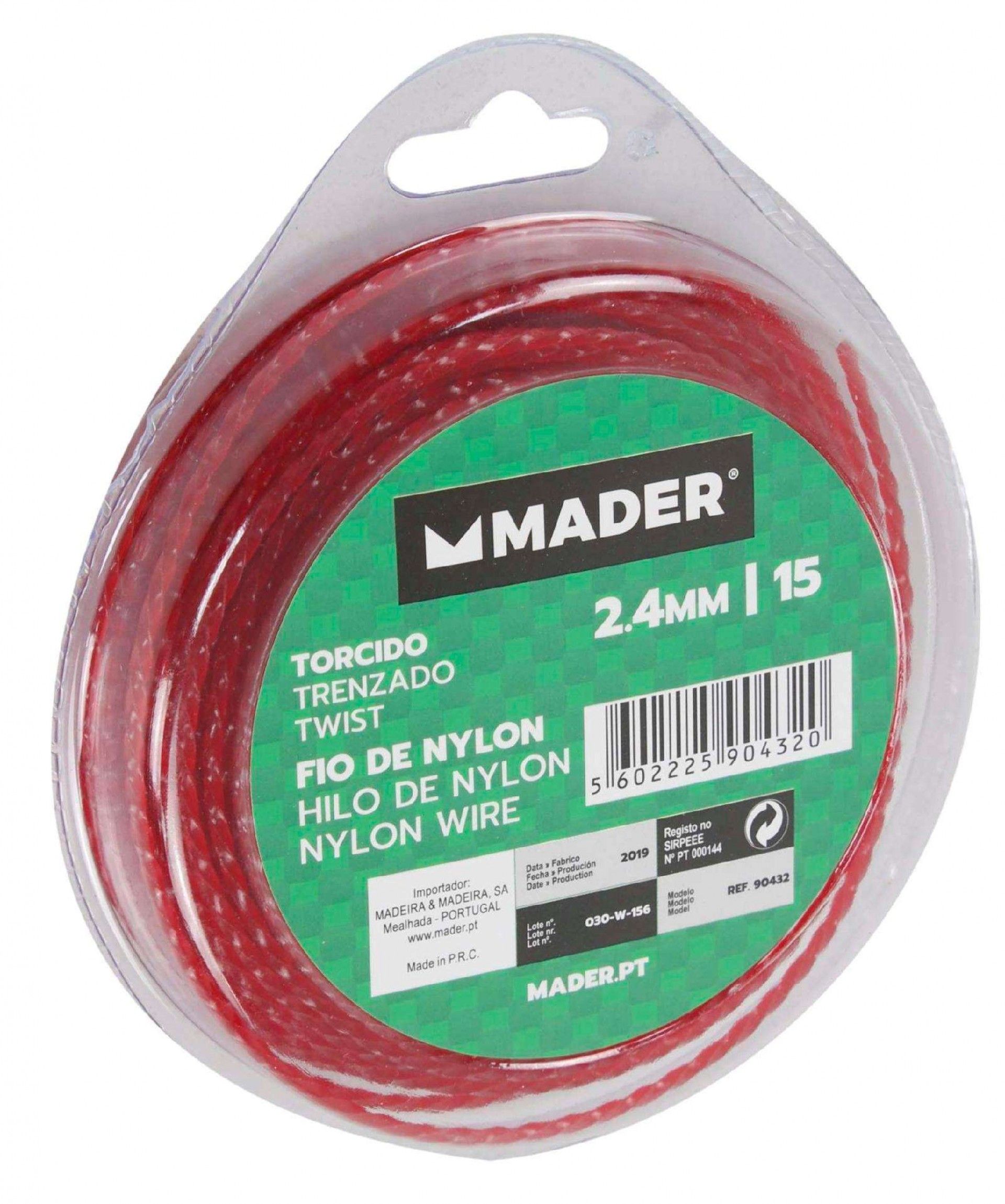 Fio de Nylon, Torcido, 2.4mm, 15m refª 90432 MADER
