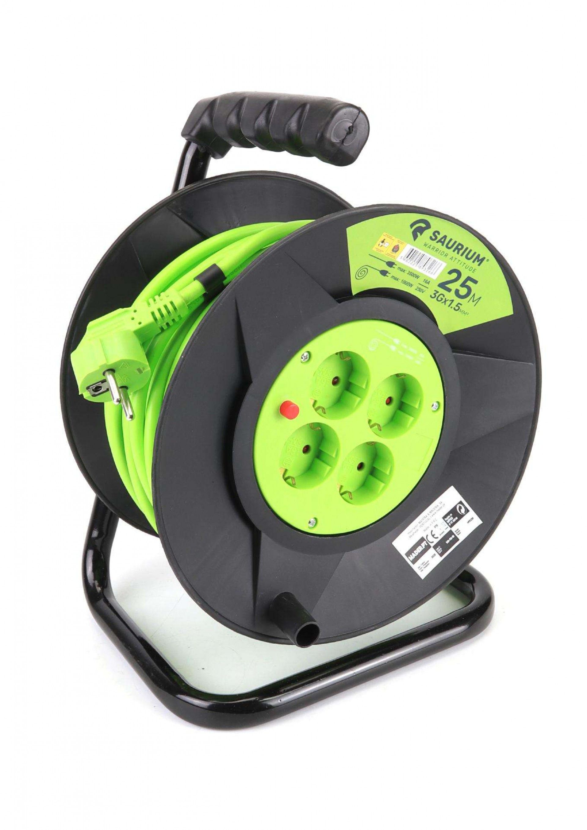 Extensão Elétrica, Enrolador Metálico, 25m, 3G x 1,5mm² refª 89326 SAURIUM