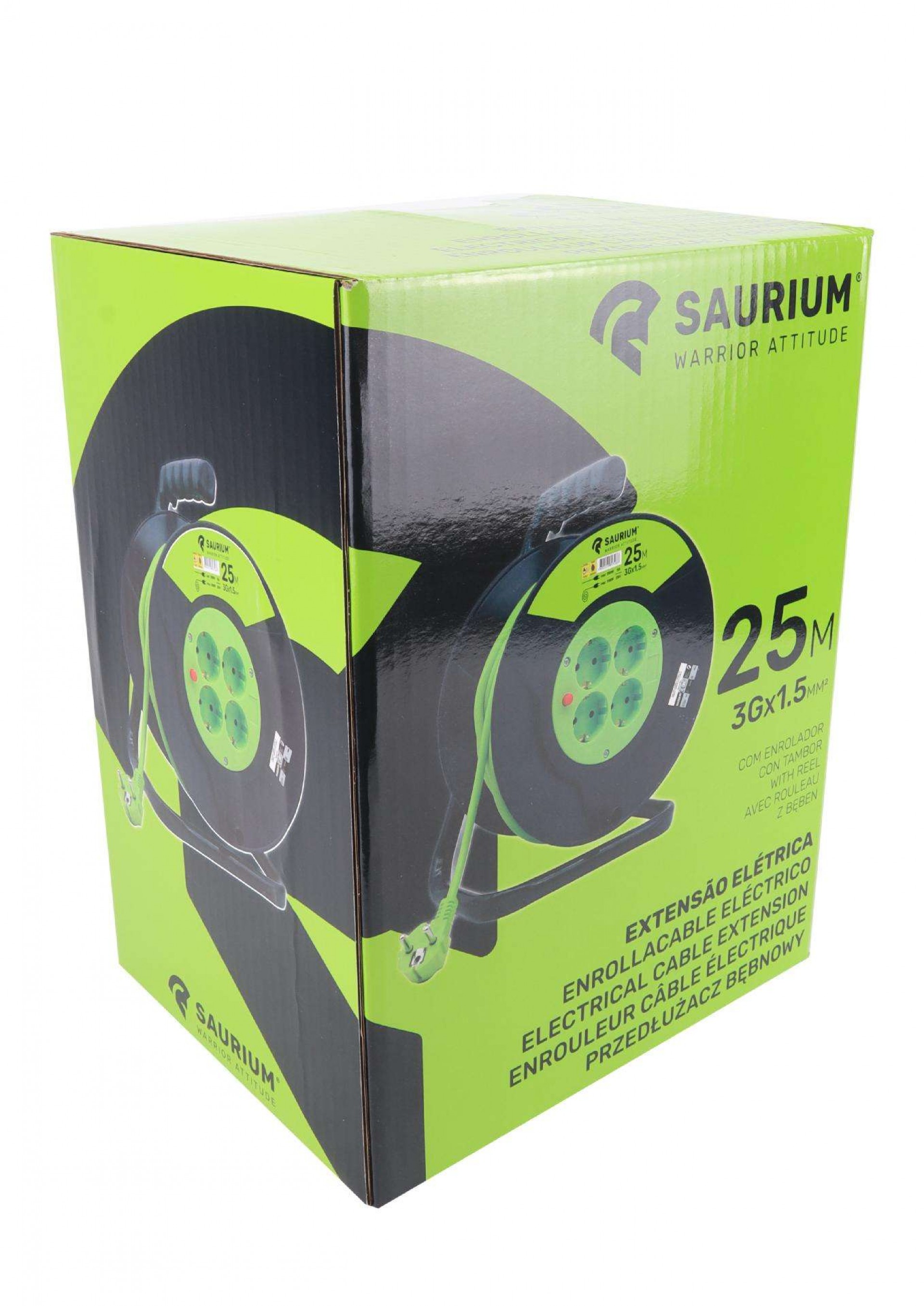 Extensão Elétrica, Enrolador Metálico, 25m, 3G x 1,5mm² refª 89326 SAURIUM
