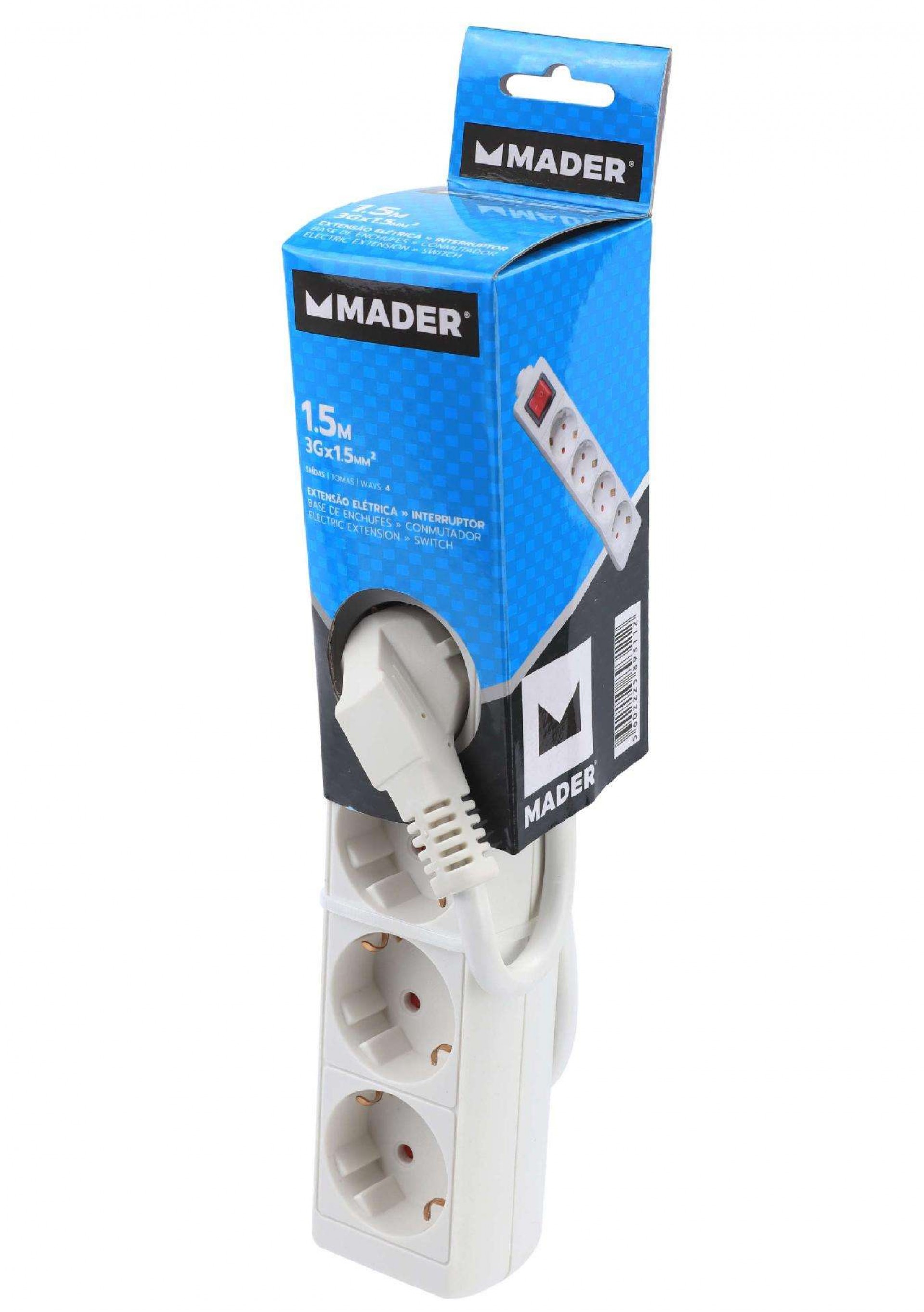 Extensão Elétrica, com Interruptor, 4 Tomadas, 1.5m, 3G x 1.5mm² refª 89311 MADER