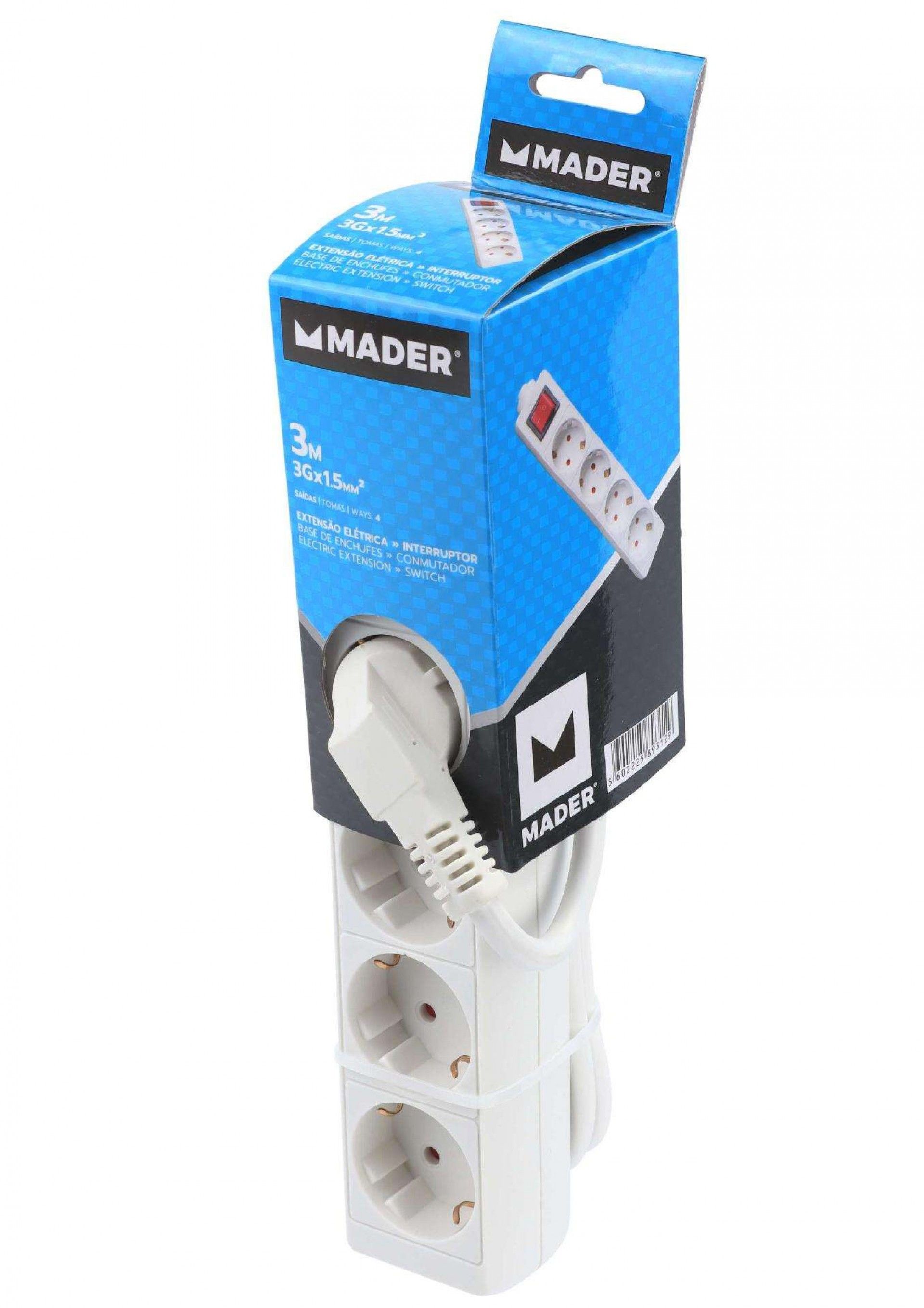 Extensão Elétrica, com Interruptor, 4 Tomadas, 3m, 3G x 1.5mm² refª 89312 MADER