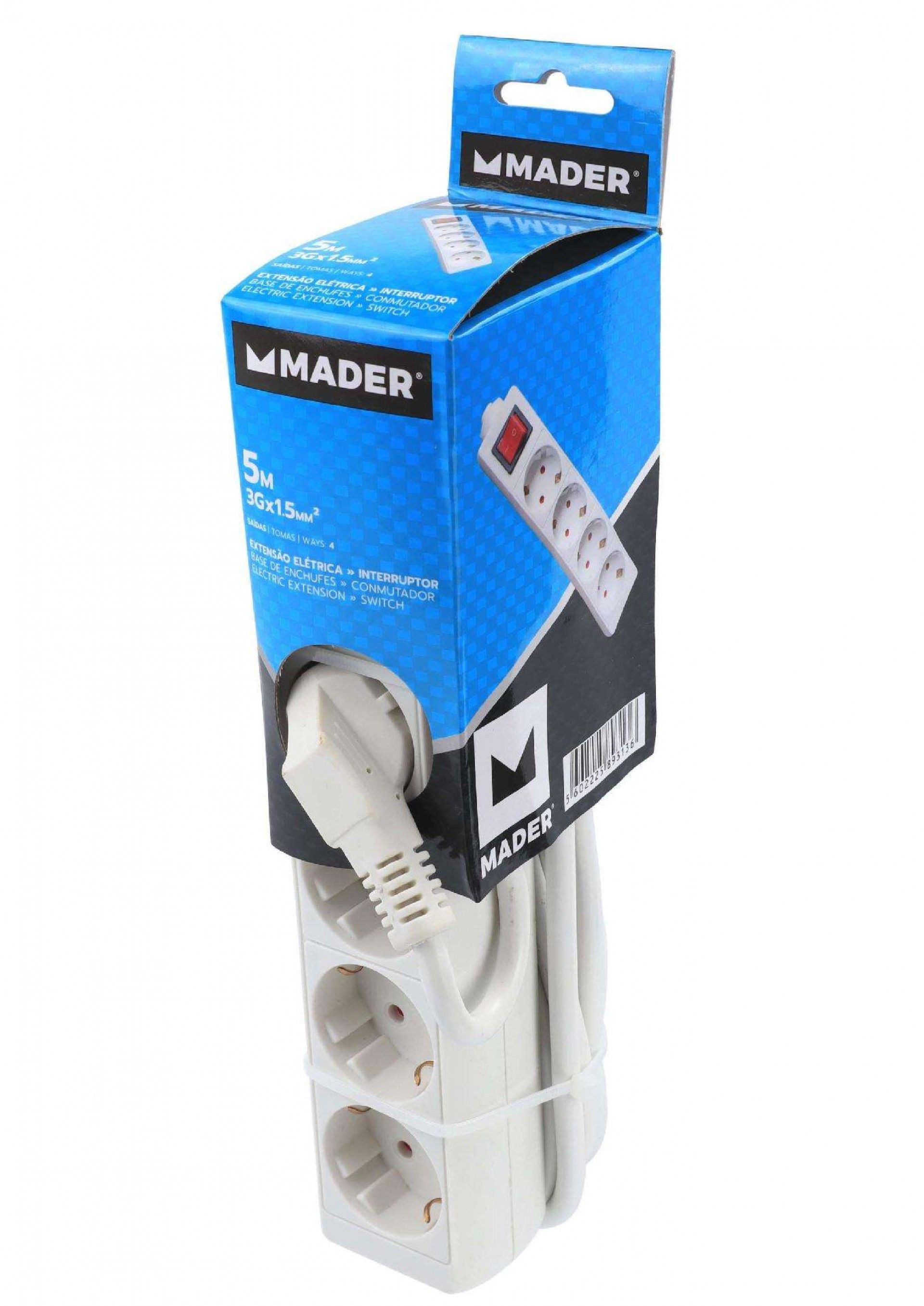 Extensão Elétrica, com Interruptor, 4 Tomadas, 5m, 3G x 1.5mm² refª 89313 MADER