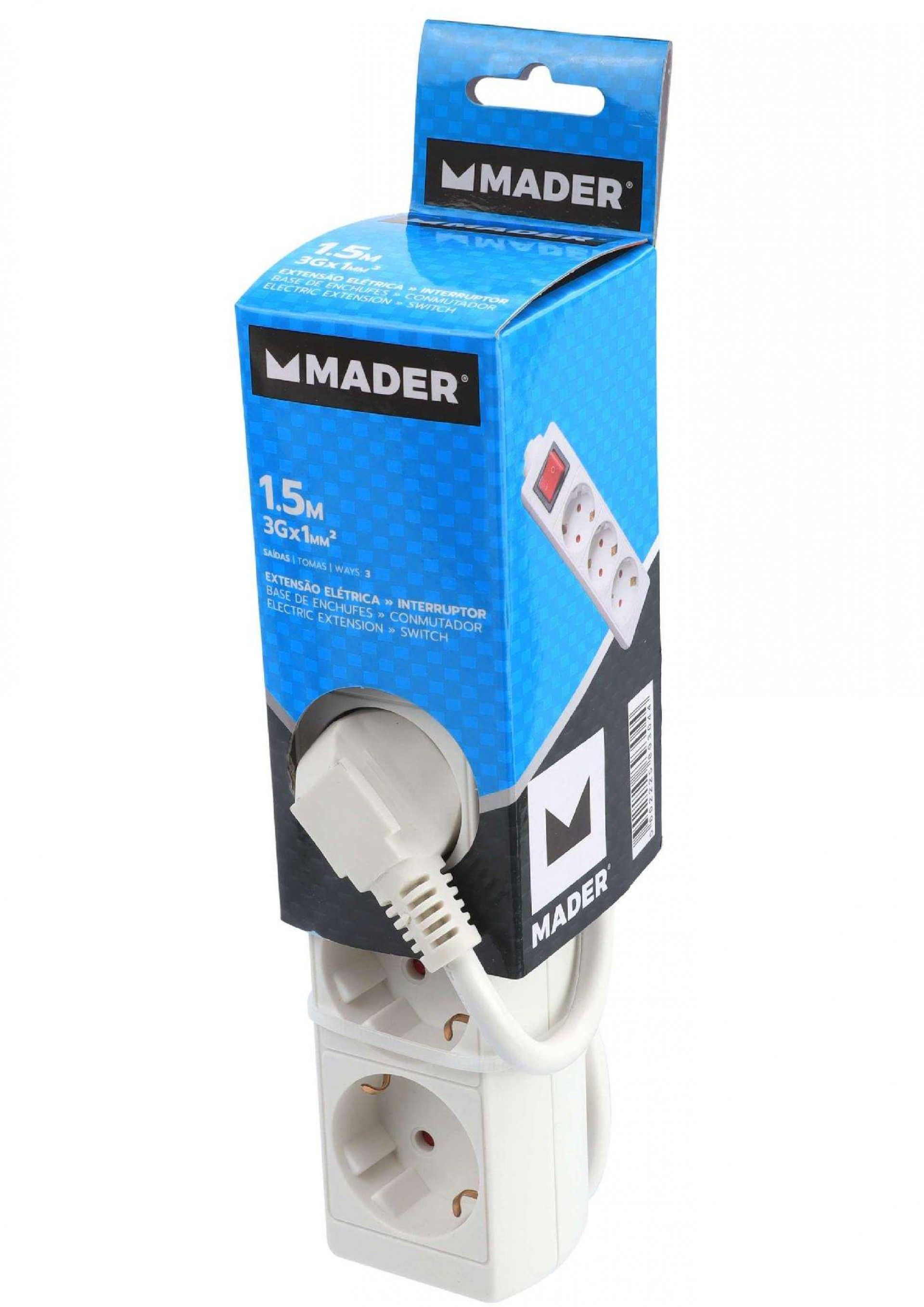 Extensão Elétrica, com Interruptor, 3 Tomadas, 1.5m, 3G x 1.0mm² refª 89304 MADER