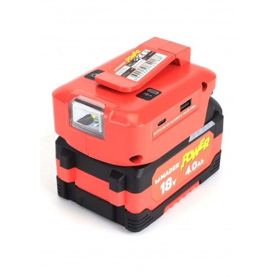 Adaptador com Lanterna, USB A + C, 18V - MADER POWER® ref. 74018 MADER Adaptador com Lanterna, USB A + C, 18V - MADER POWER® ref. 74018 MADER