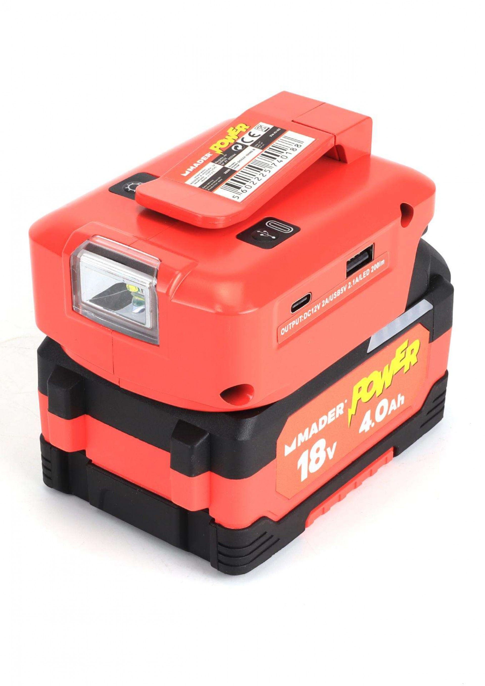 Adaptador com Lanterna, USB A + C, 18V - MADER POWER® ref. 74018 MADER