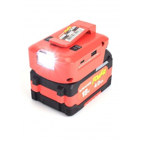 Adaptador com Lanterna, USB A + C, 18V - MADER POWER® ref. 74018 MADER Adaptador com Lanterna, USB A + C, 18V - MADER POWER® ref. 74018 MADER