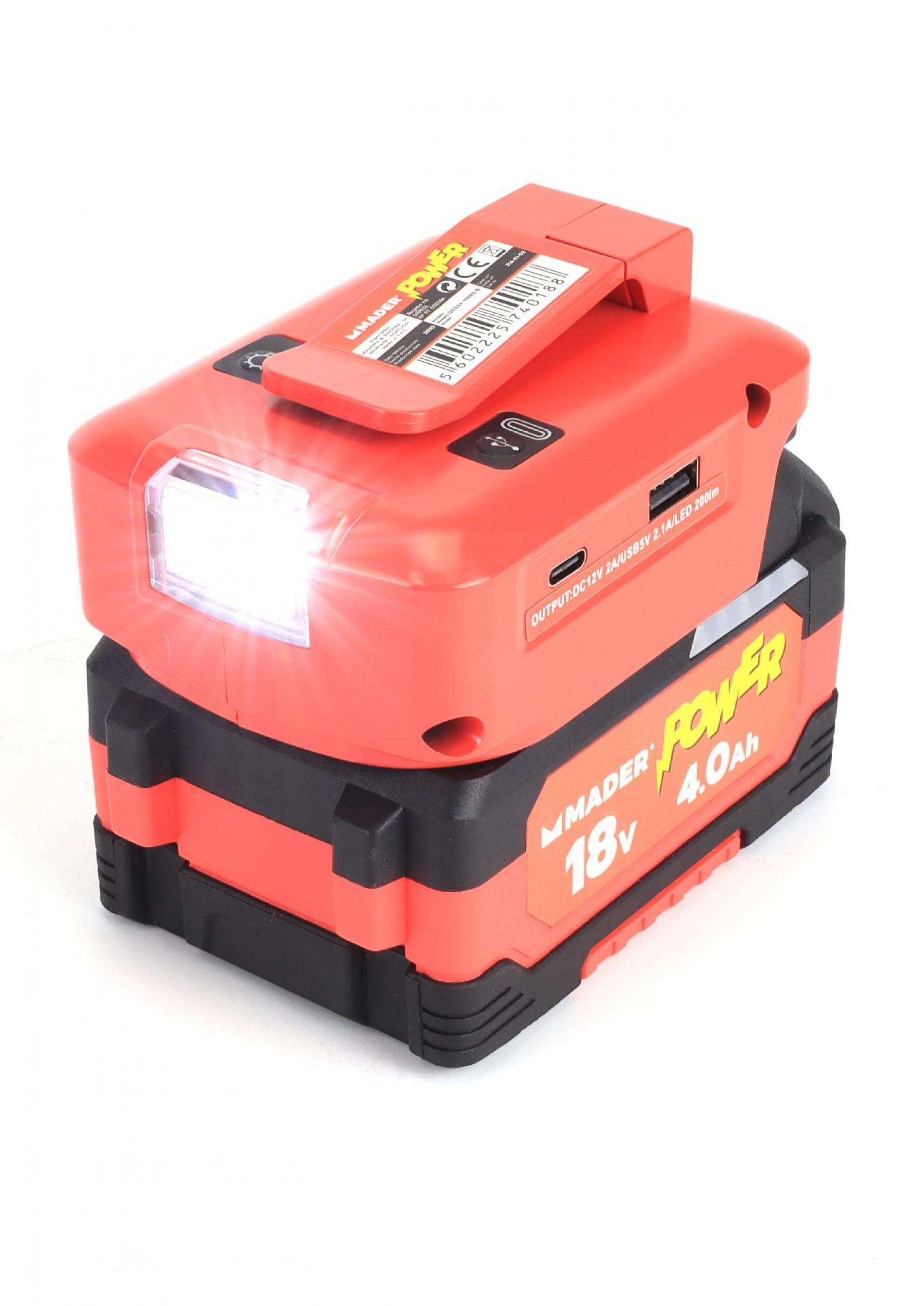 Adaptador com Lanterna, USB A + C, 18V - MADER POWER® ref. 74018 MADER