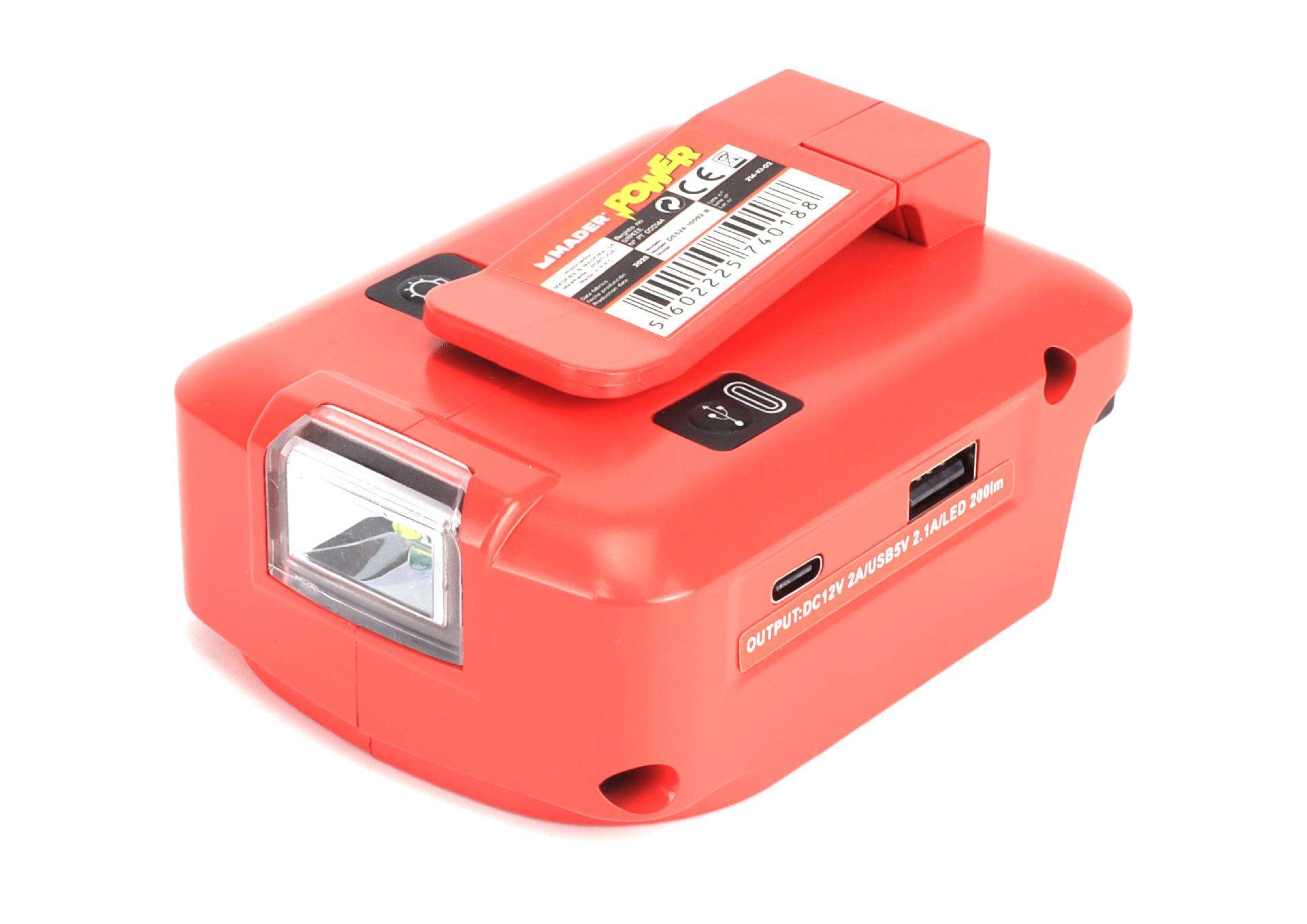 Adaptador com Lanterna, USB A + C, 18V - MADER POWER® ref. 74018 MADER