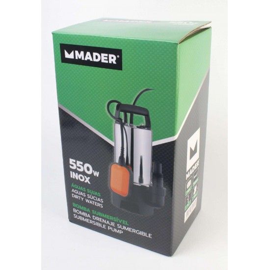 Bomba Submersível, Águas Sujas, 550W, 10500 L/h refª 69057 MADER Bomba Submersível, Águas Sujas, 550W, 10500 L/h refª 69057 MADER