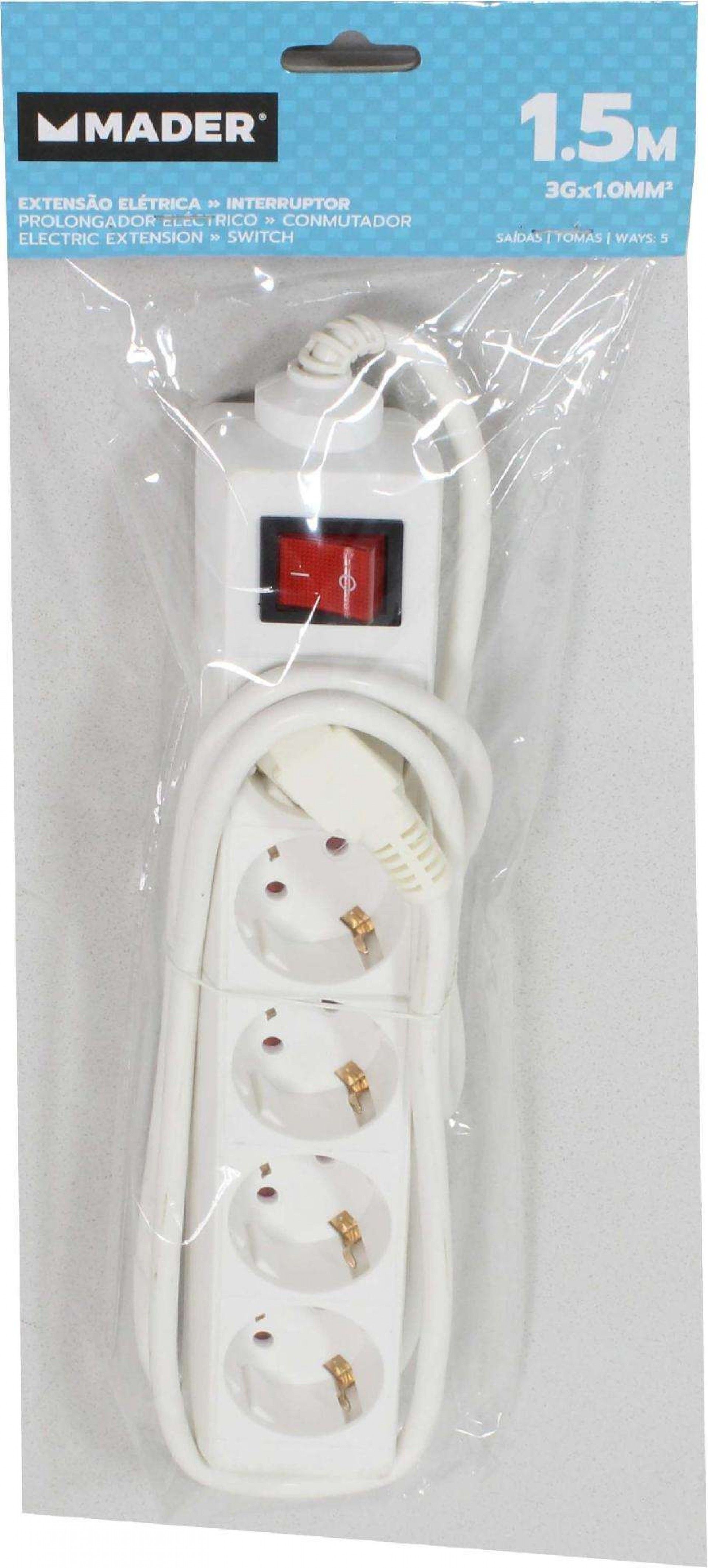 Extensão Elétrica, com Interruptor, 5 Tomadas, 1.5m, 3G x 1.0mm² refª 68000 MADER