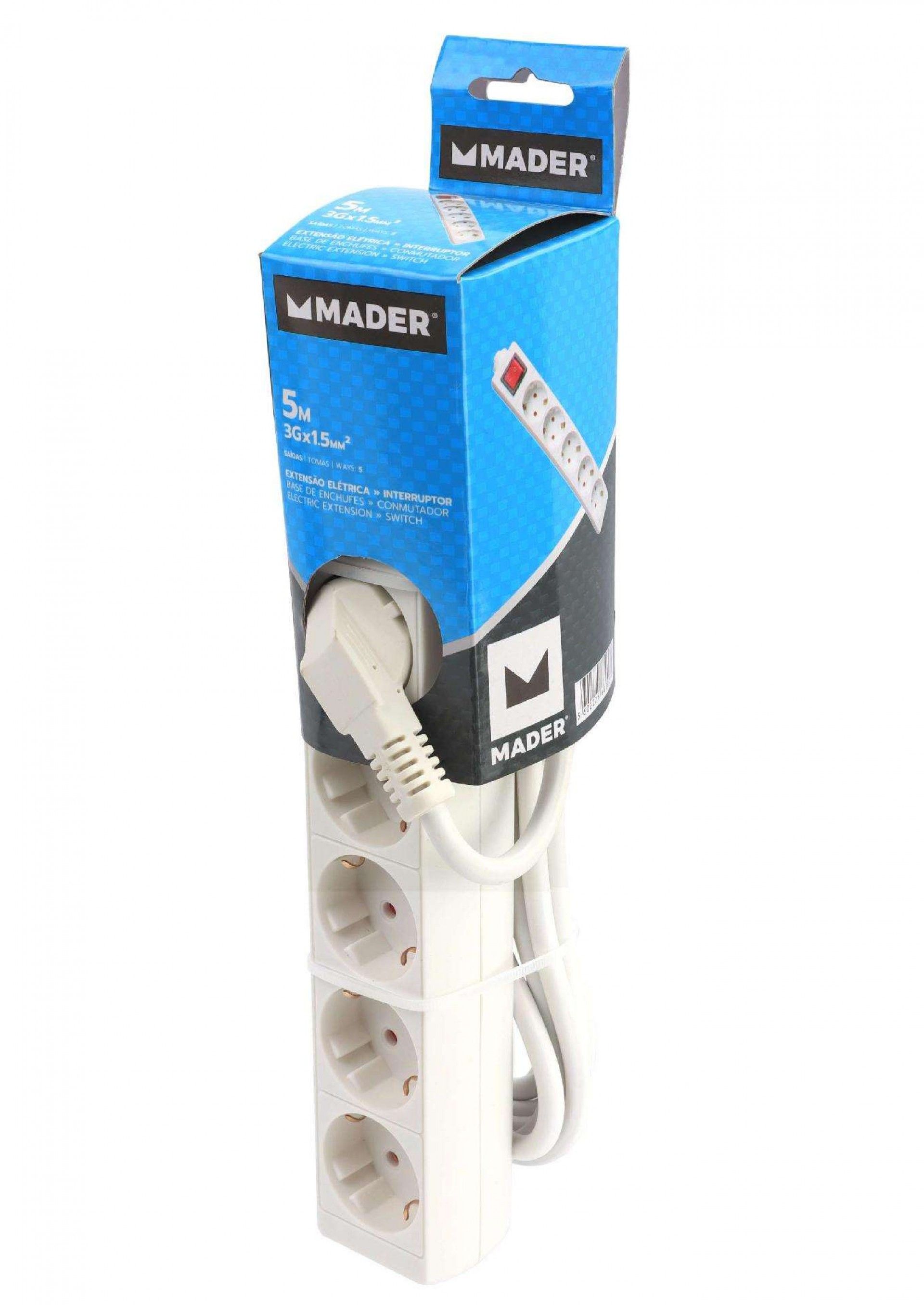 Extensão Elétrica, com Interruptor, 5 Tomadas, 5m, 3G x 1.5mm² refª 68002 MADER