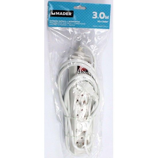 Extensão Elétrica, com Interruptor, 5 Tomadas, 3m, 3G x 1.5mm² refª 68001 MADER Extensão Elétrica, com Interruptor, 5 Tomadas, 3m, 3G x 1.5mm² refª 68001 MADER