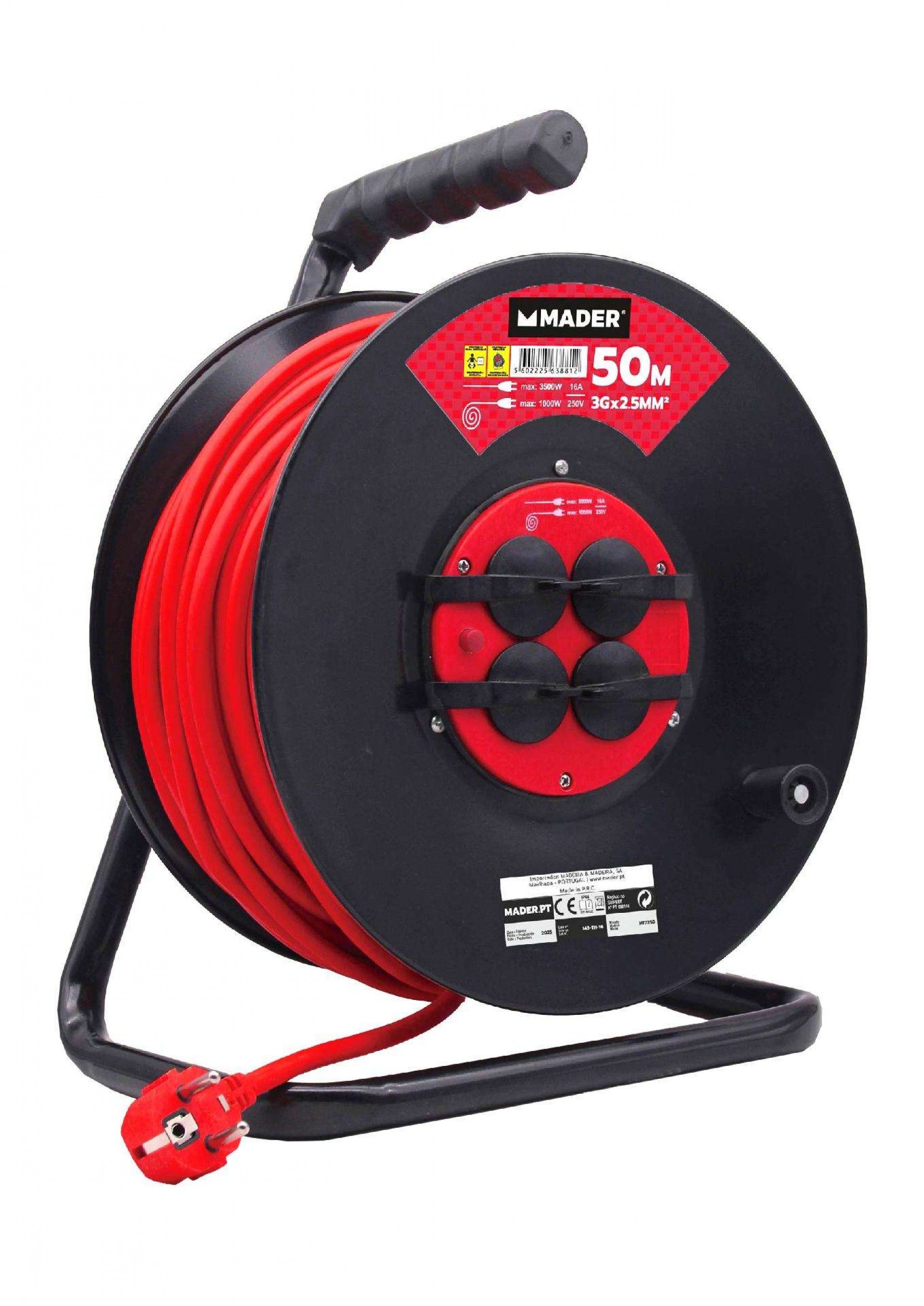 Extensão Elétrica, Enrolador Metálico, 50m, 3G x 2,5mm² ref. 63881 MADER