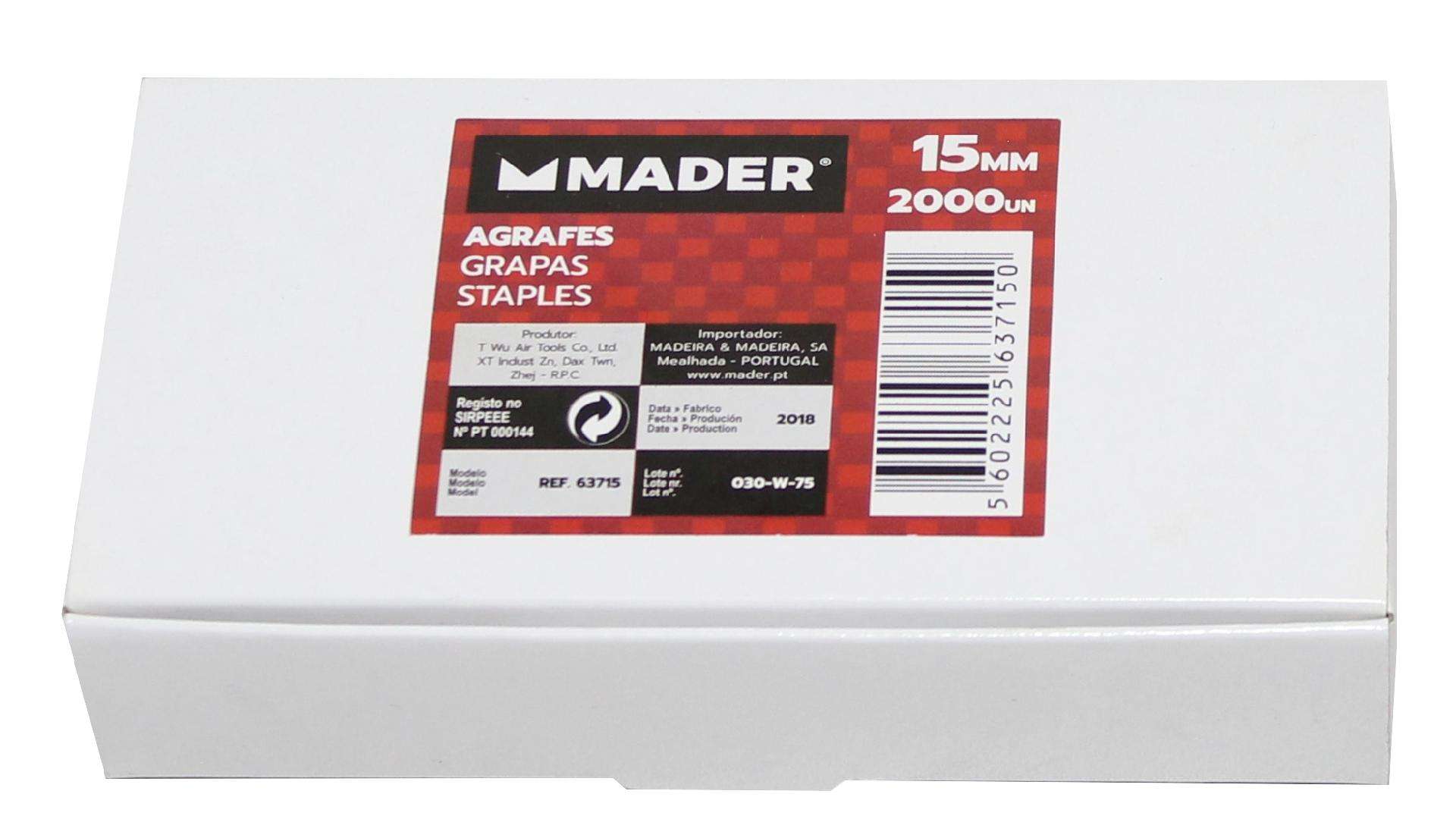 Agrafes, para Pneumática, 15mm, 2000Un refª 63715 MADER