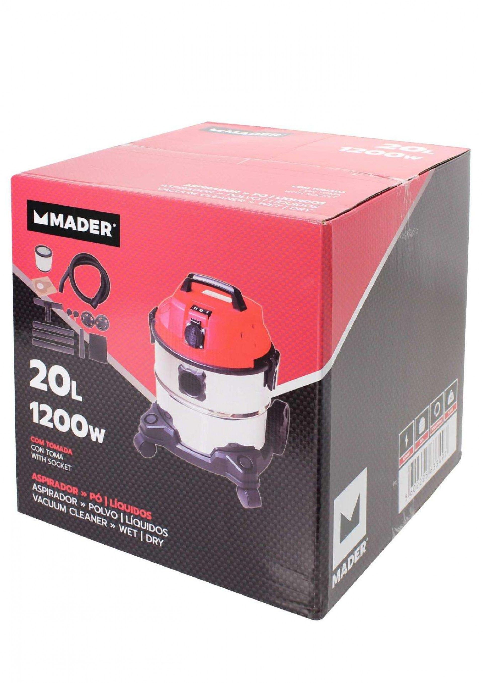 Aspirador Pó/Líquidos, Inox, 1200W, 20L refª 63349 MADER