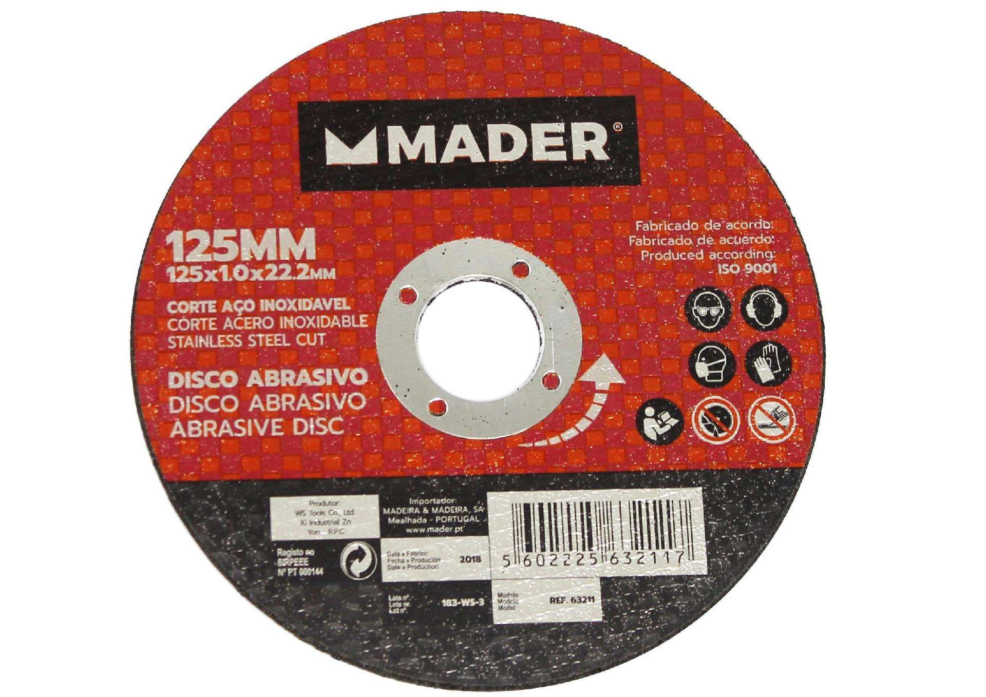 Disco Abrasivo, Corte Aço Inox, 125mm refª 63211 MADER