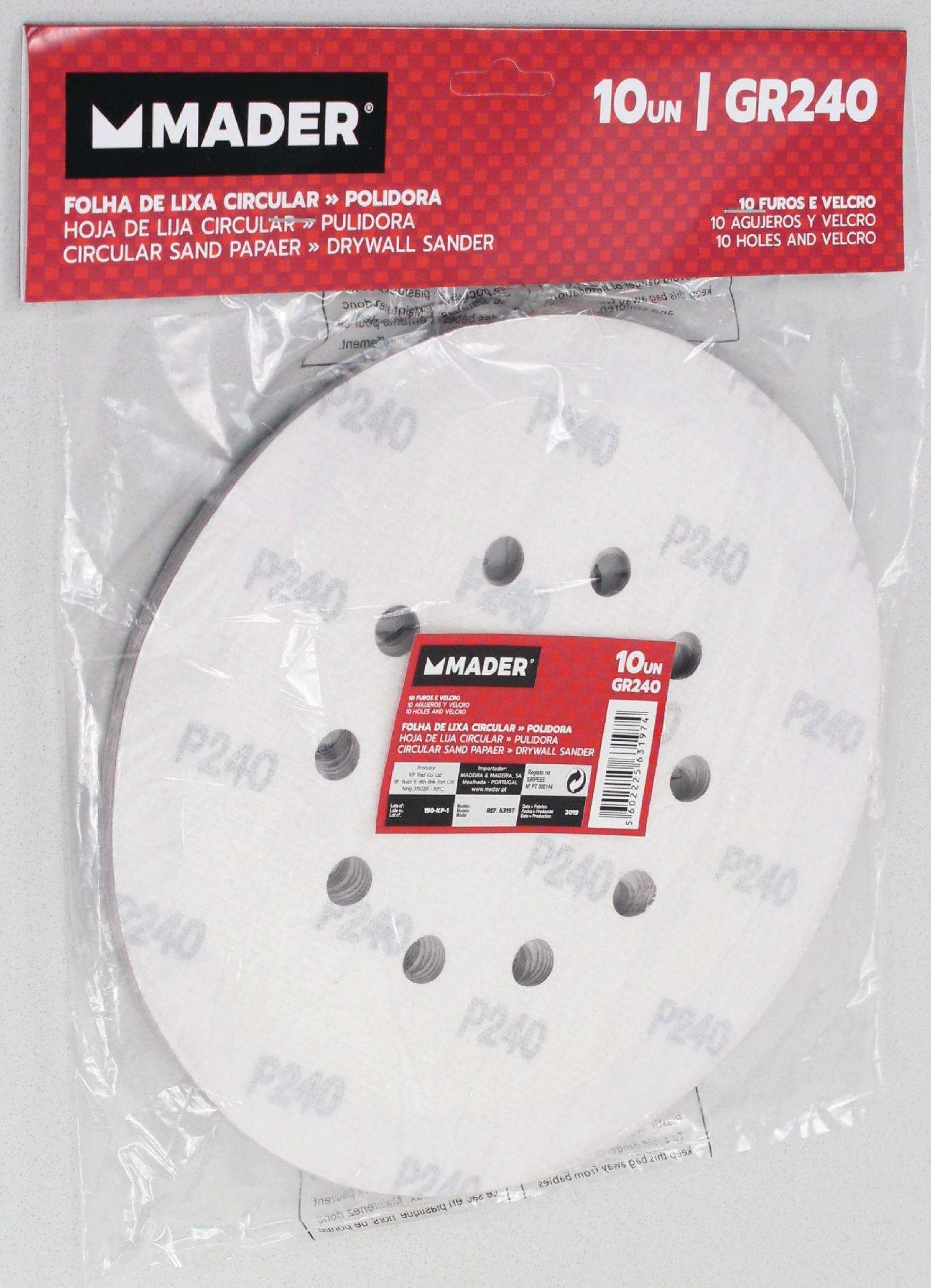 Folha de Lixa, GR240, 10Un, para 63185 e 56812 refª 63197 MADER