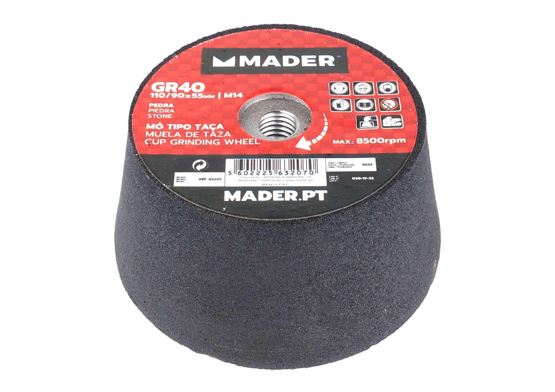 Mó Esmeril, Taça, GR40, 110 mm, para Rebarbadora refª 63207 MADER