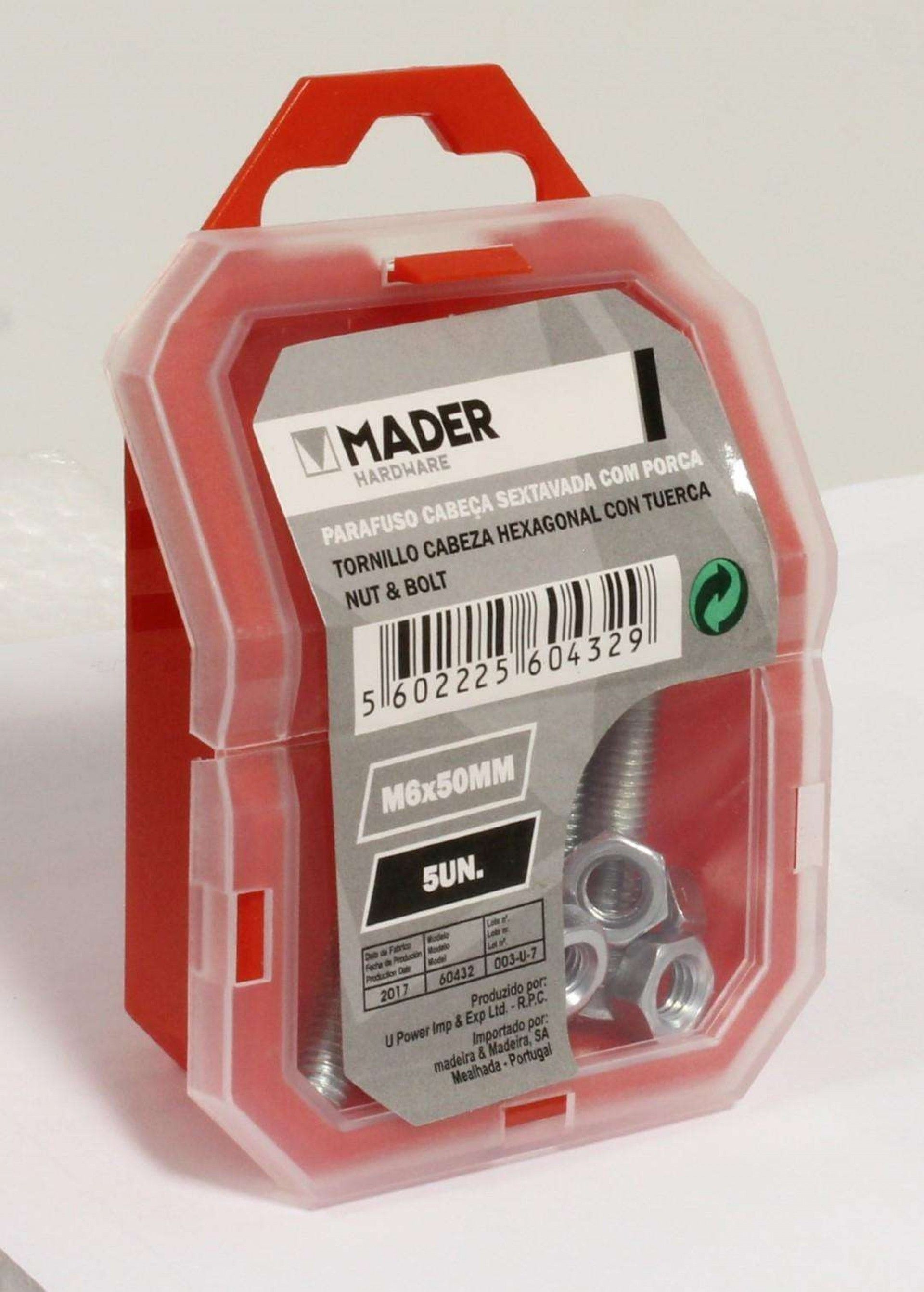 Parafuso Cabeça Sextavada com Porca - M6x50mm, 5Un refª 60432 MADER