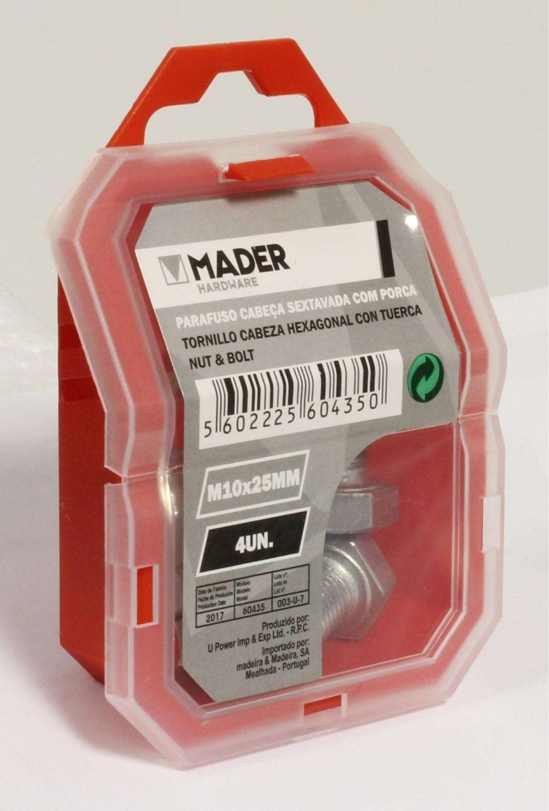 Parafuso Cabeça Sextavada com Porca - M10x25mm, 4Un refª 60435 MADER