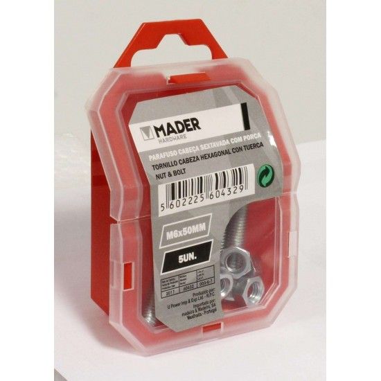 Parafuso Cabeça Sextavada com Porca - M6x50mm, 5Un refª 60432 MADER Parafuso Cabeça Sextavada com Porca - M6x50mm, 5Un refª 60432 MADER