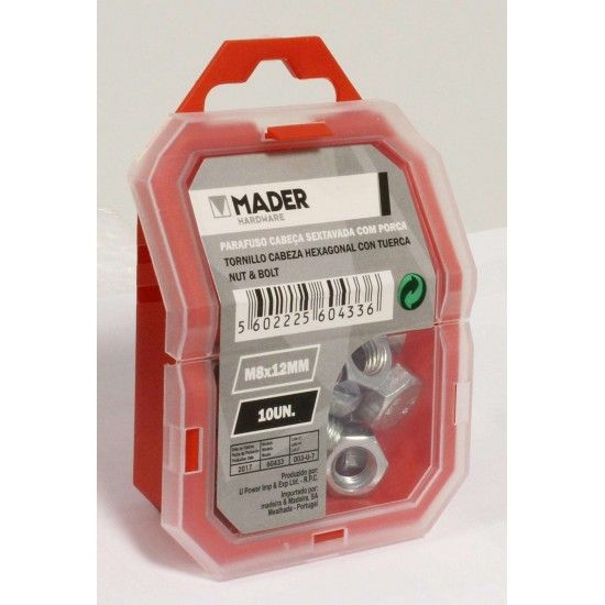 Parafuso Cabeça Sextavada com Porca - M8x12mm, 10Un refª 60433 MADER Parafuso Cabeça Sextavada com Porca - M8x12mm, 10Un refª 60433 MADER