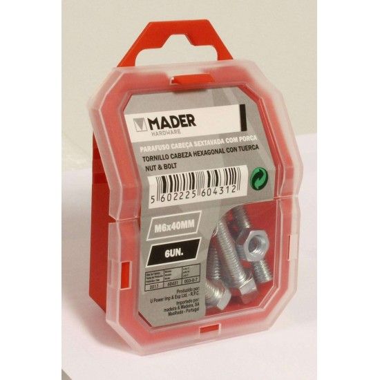 Parafuso Cabeça Sextavada com Porca - M6x40mm, 6Un refª 60431 MADER Parafuso Cabeça Sextavada com Porca - M6x40mm, 6Un refª 60431 MADER