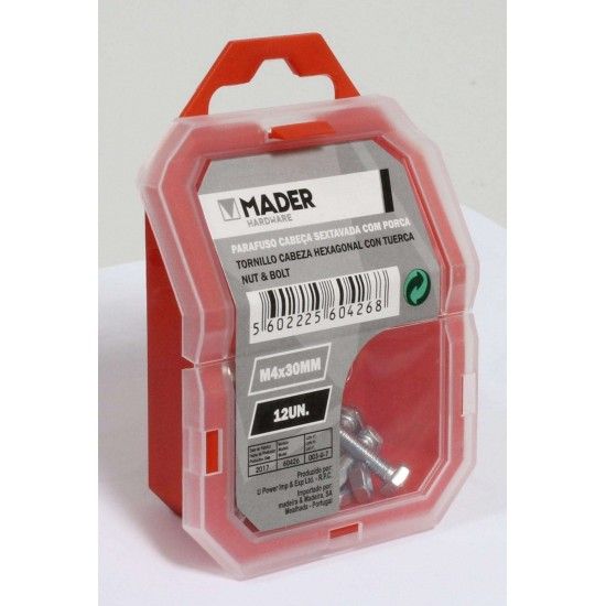 Parafuso Cabe�a Sextavada com Porca - M4x30mm, 12Un ref� 60426 MADER