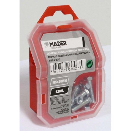 Parafuso Cabeça Sextavada com Porca - M5x20mm, 12Un refª 60427 MADER Parafuso Cabeça Sextavada com Porca - M5x20mm, 12Un refª 60427 MADER