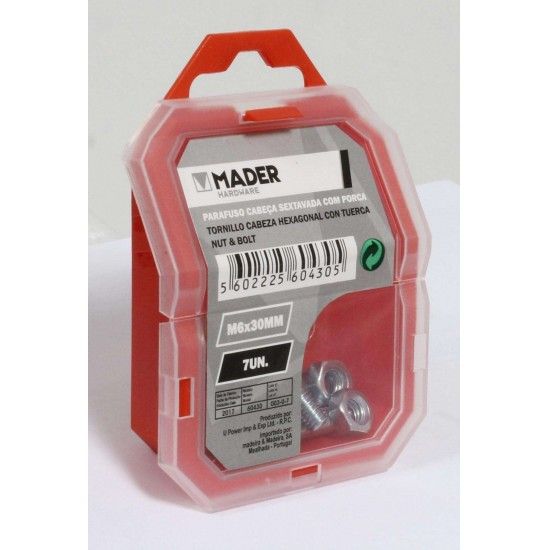 Parafuso Cabeça Sextavada com Porca - M6x30mm, 7Un refª 60430 MADER Parafuso Cabeça Sextavada com Porca - M6x30mm, 7Un refª 60430 MADER