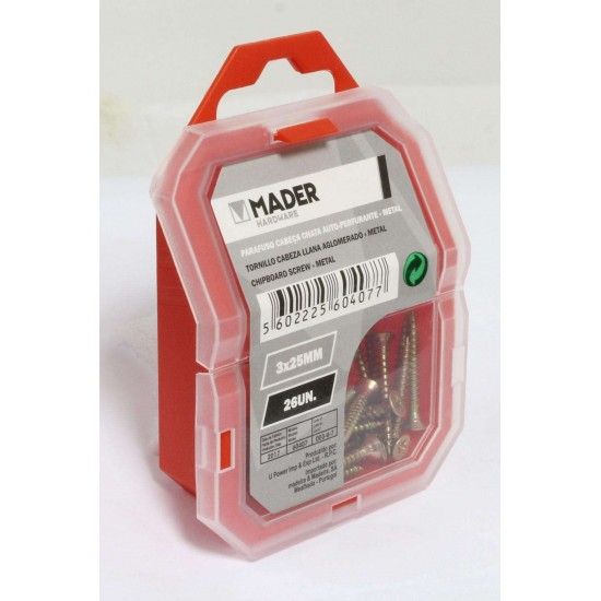 Parafuso Cabe�a Chata, Auto-Perfurante para Metal, 3x25, 26Un ref� 60407 MADER