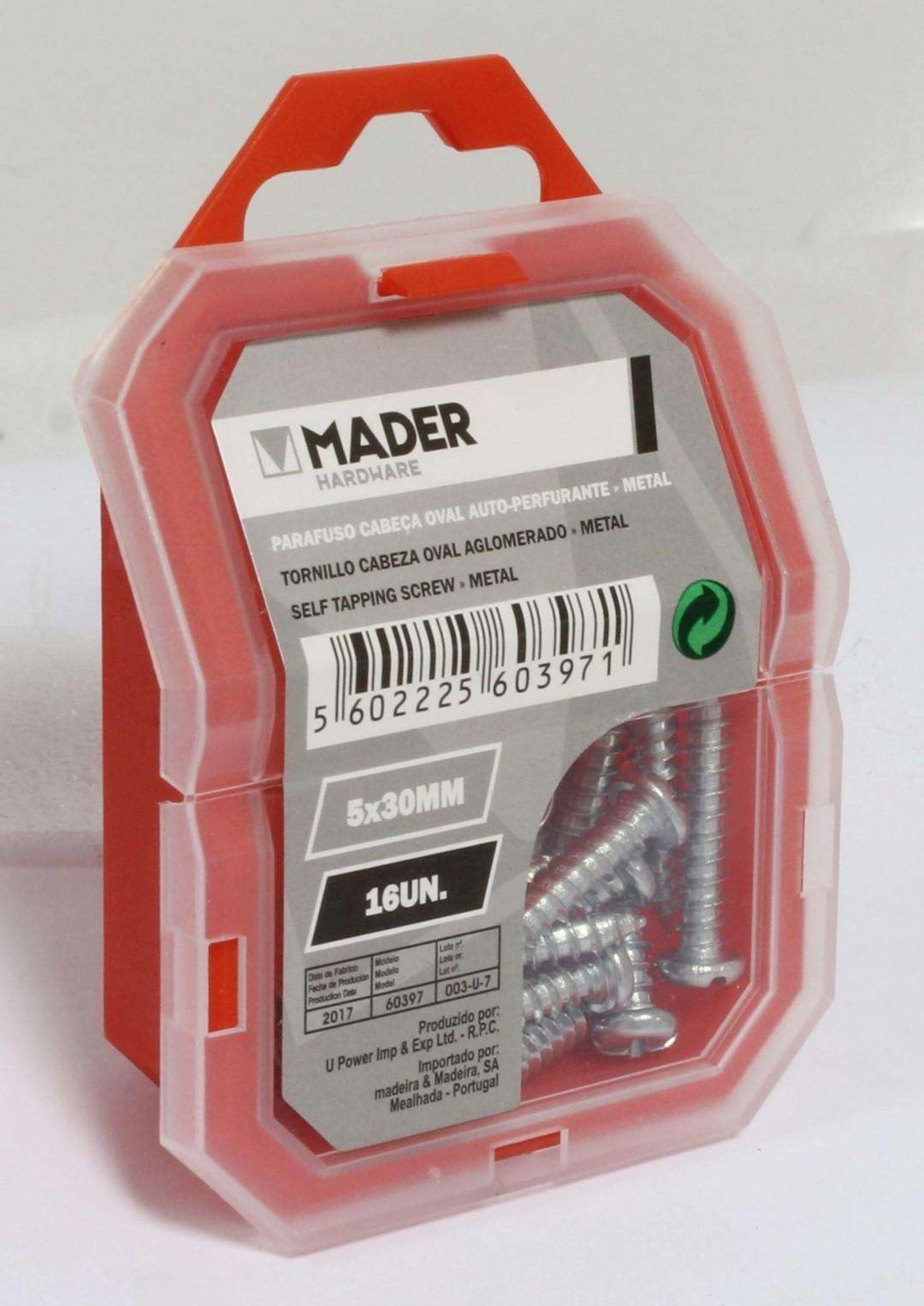 Parafuso Cabeça Oval Auto-Perfurante, Metal, 5x30mm, 16Un refª 60397 MADER