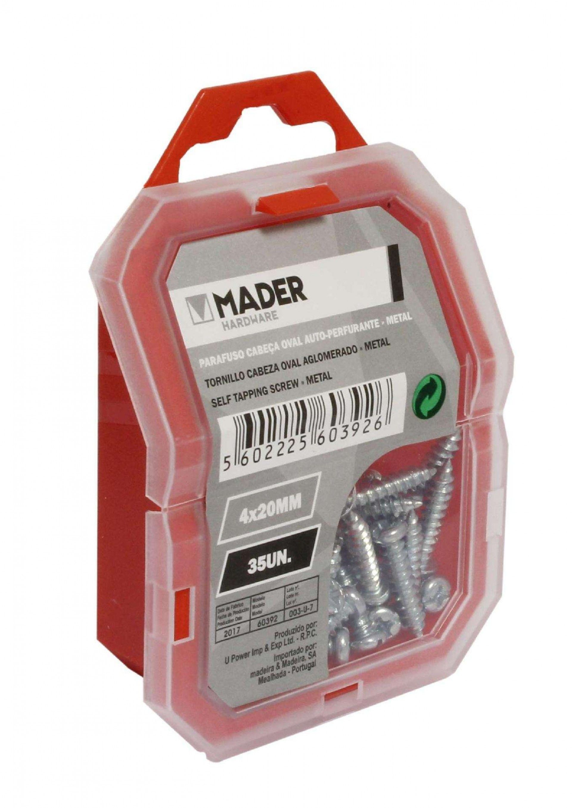 Parafuso Cabeça Oval Auto-Perfurante, Metal, 4x20mm, 35Un refª 60392 MADER