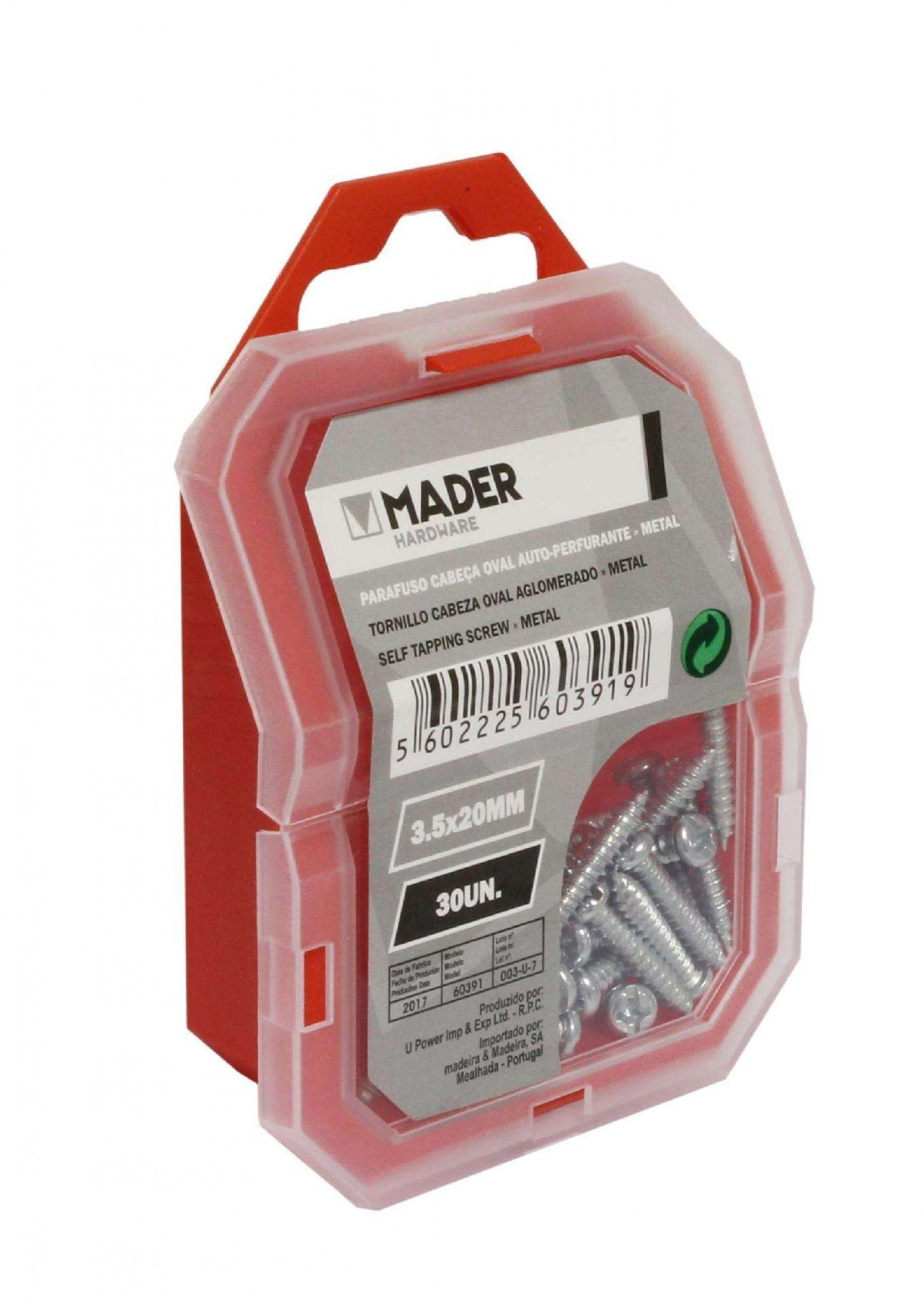 Parafuso Cabeça Oval Auto-Perfurante, Metal, 3.5x20mm, 30Un refª 60391 MADER