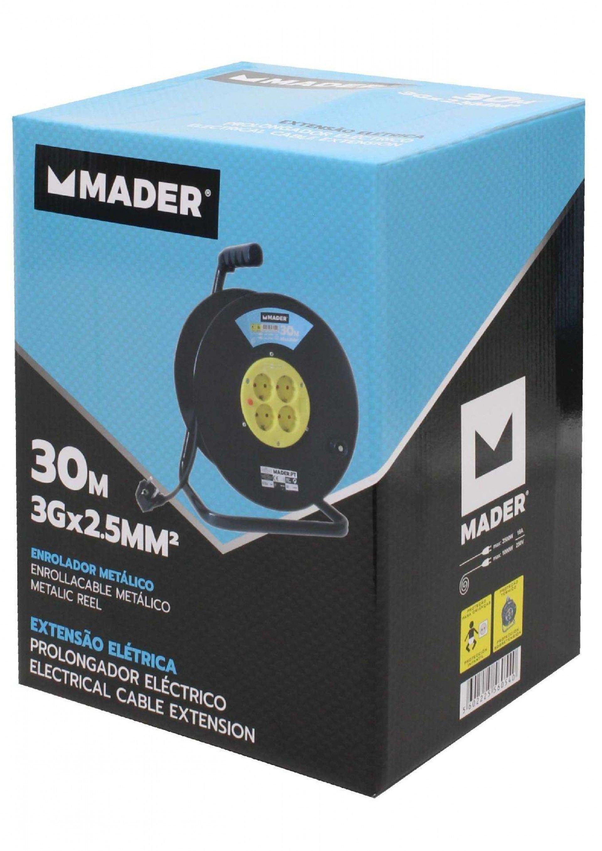 Extensão eléctrica c/enrolador 3x2.5mm 30m refª 56054 Mader