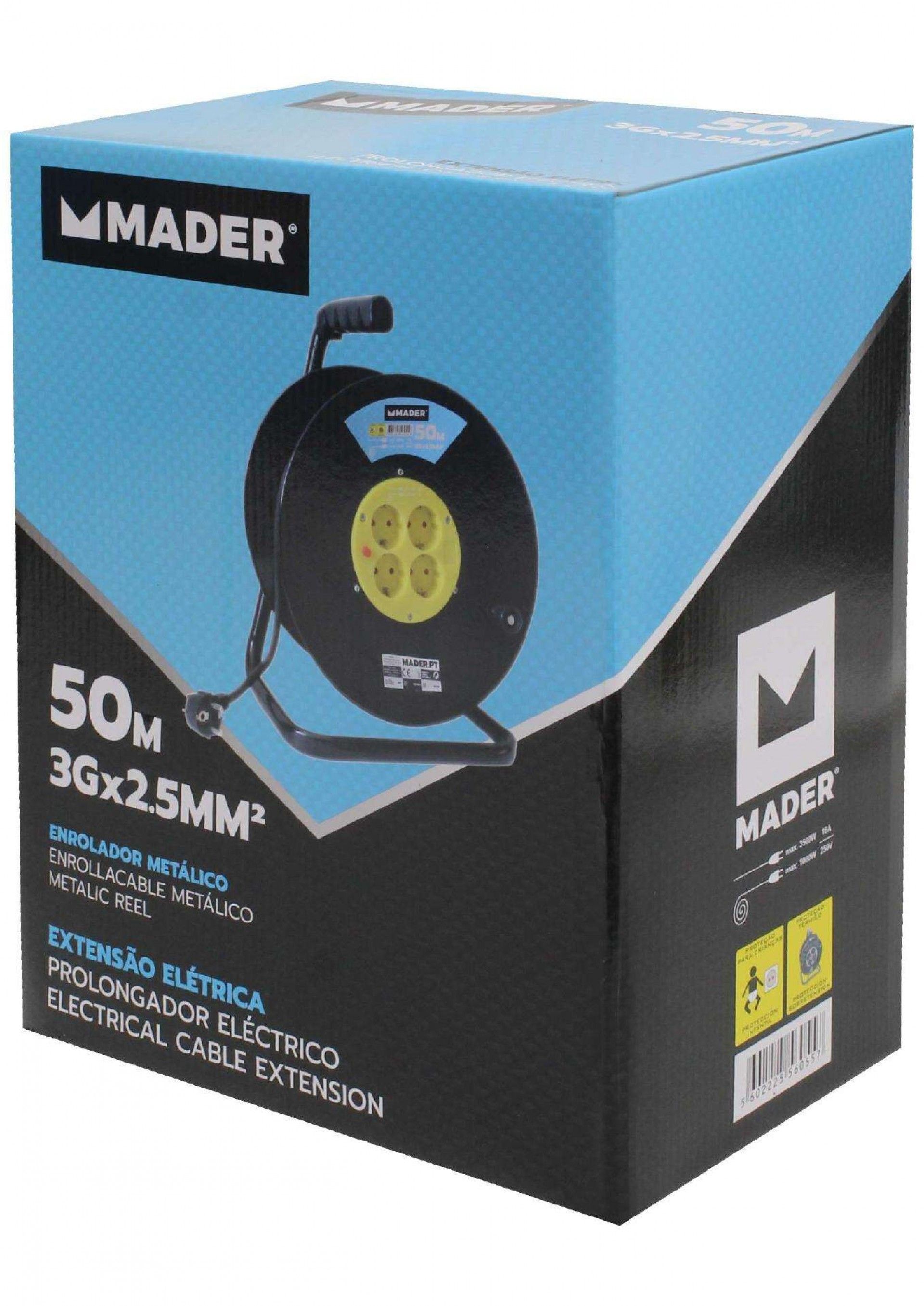 Extensão Elétrica, 50m, com Enrolador Metálico refª 56055 MADER