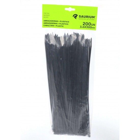 Abraadeira Preta Plstica, 3.6x300mm, 200Un  ref 48757 SAURIUM