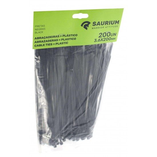 Abraçadeira Preta Plástica, 3.6x200mm, 200Un refª 48755 SAURIUM Abraçadeira Preta Plástica, 3.6x200mm, 200Un refª 48755 SAURIUM