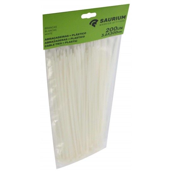 Abraçadeira Branca Plástica, 3.6x300mm, 200Un  refª 48756 SAURIUM Abraçadeira Branca Plástica, 3.6x300mm, 200Un  refª 48756 SAURIUM
