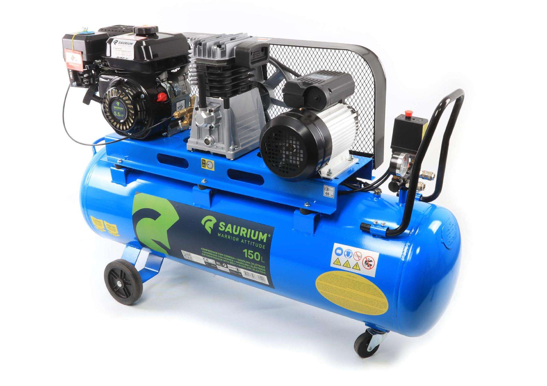 Compressor de Ar, Gasolina + Elétrico, 150L, 5.5HP refª 37154 SAURIUM
