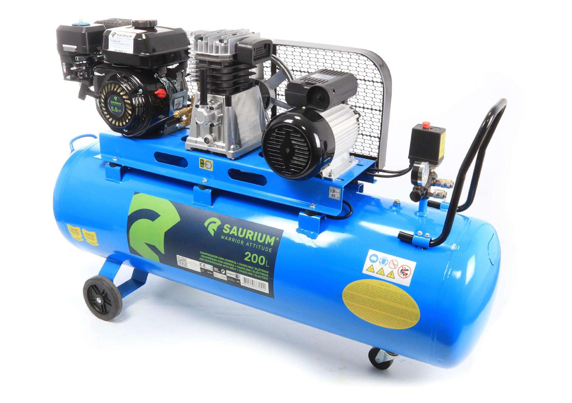 Compressor de Ar, Gasolina + Elétrico, 200L, 5.5HP  refª 37151 SAURIUM